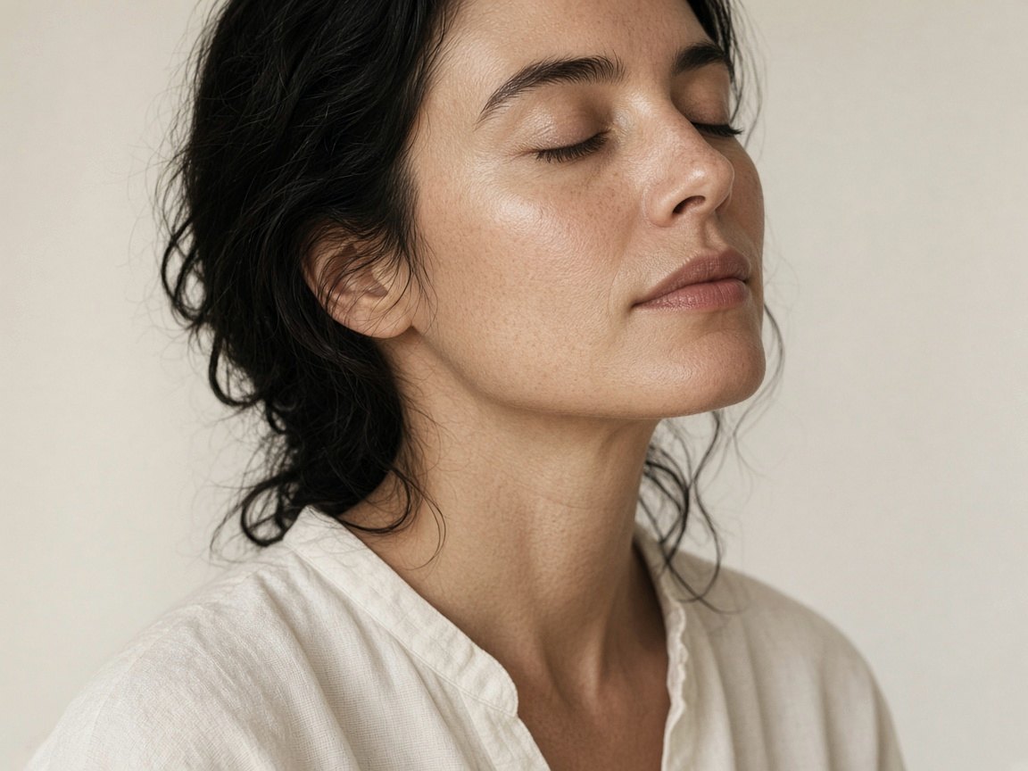 Portrait of a person with eyes closed and head tilted back, in soft natural light