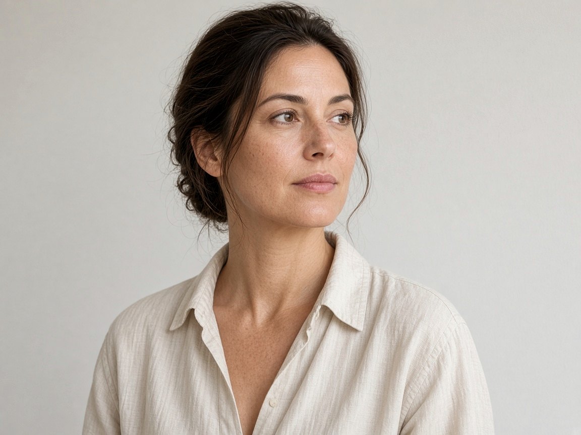 Portrait of a person in a linen shirt, looking to one side