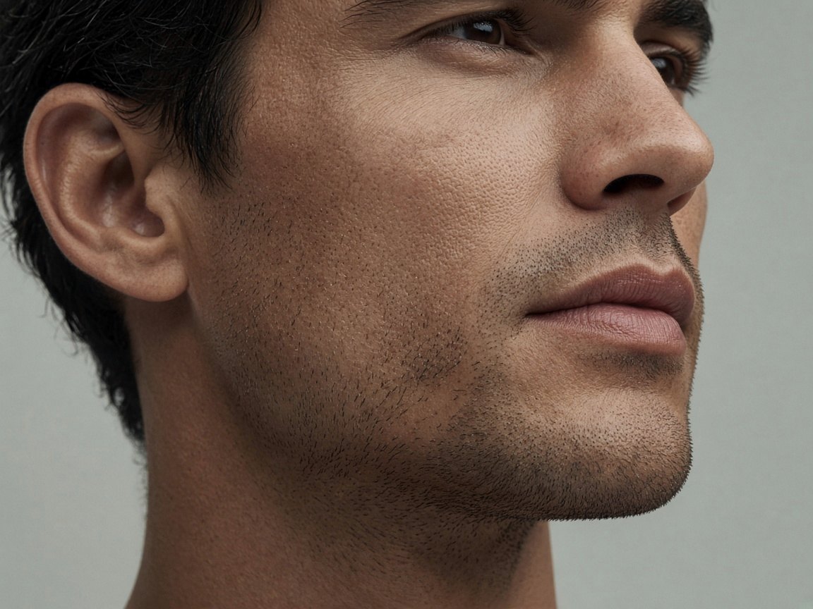 Close-up profile of a person’s cheek and jawline